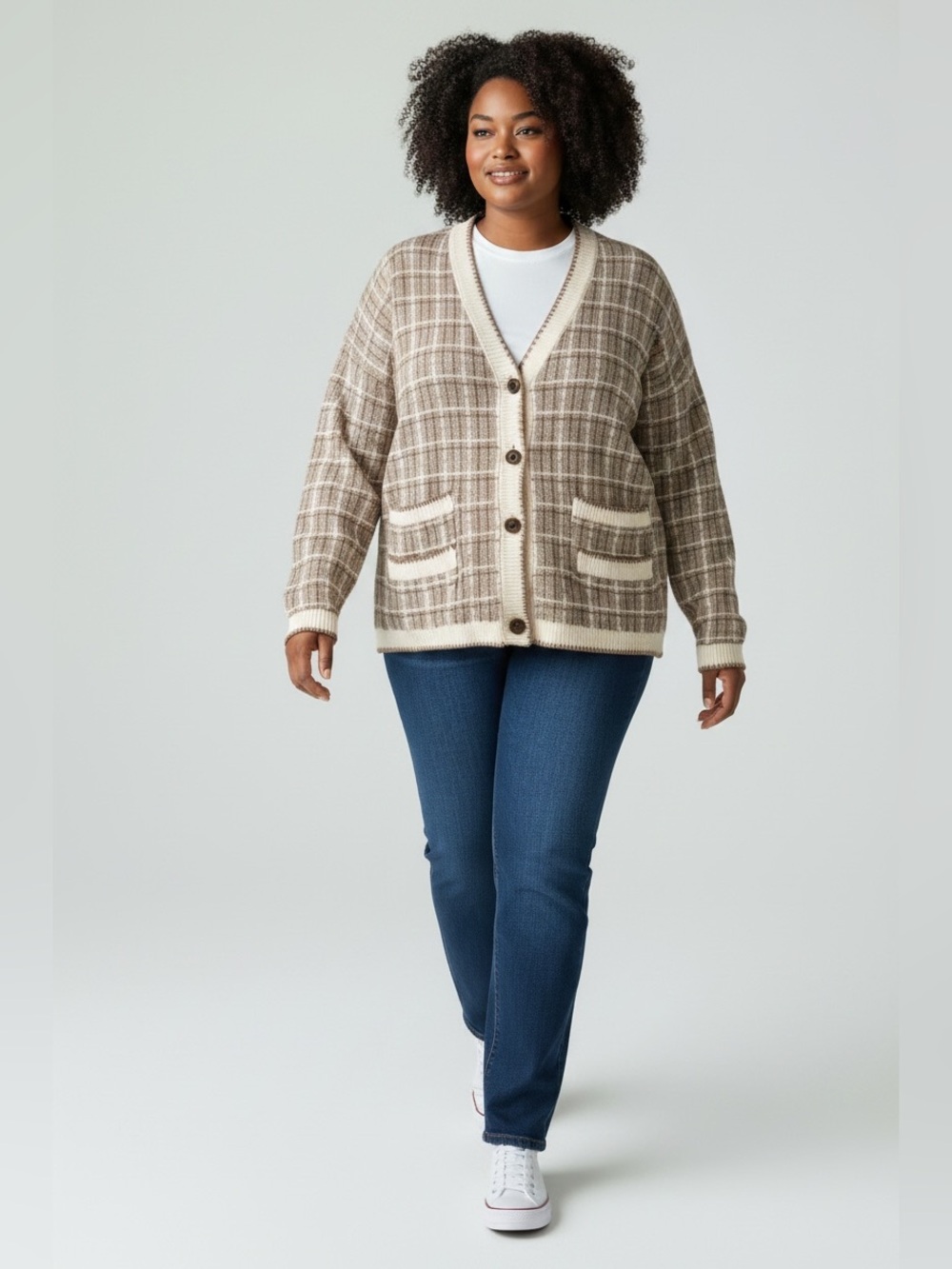 Tahari Plaid Button-Up Cardigan in Beige and Cream